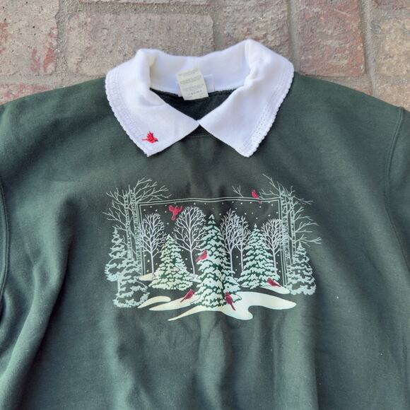 Vintage Morning Sun Green Sweatshirt Collared Christmas Trees Cozy Holiday - Picture 2 of 8